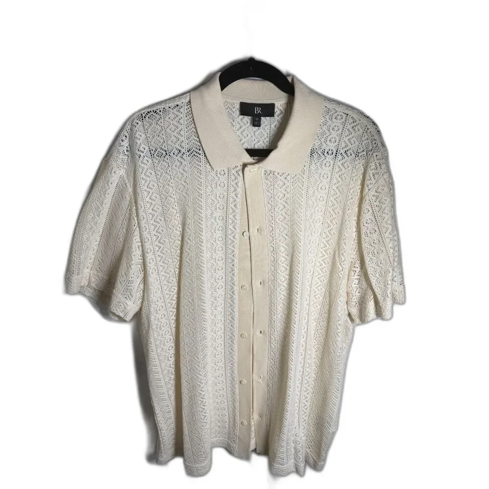 Banana Republic Men’s XL Cream Crochet Open Knit Sweater Polo Button Front